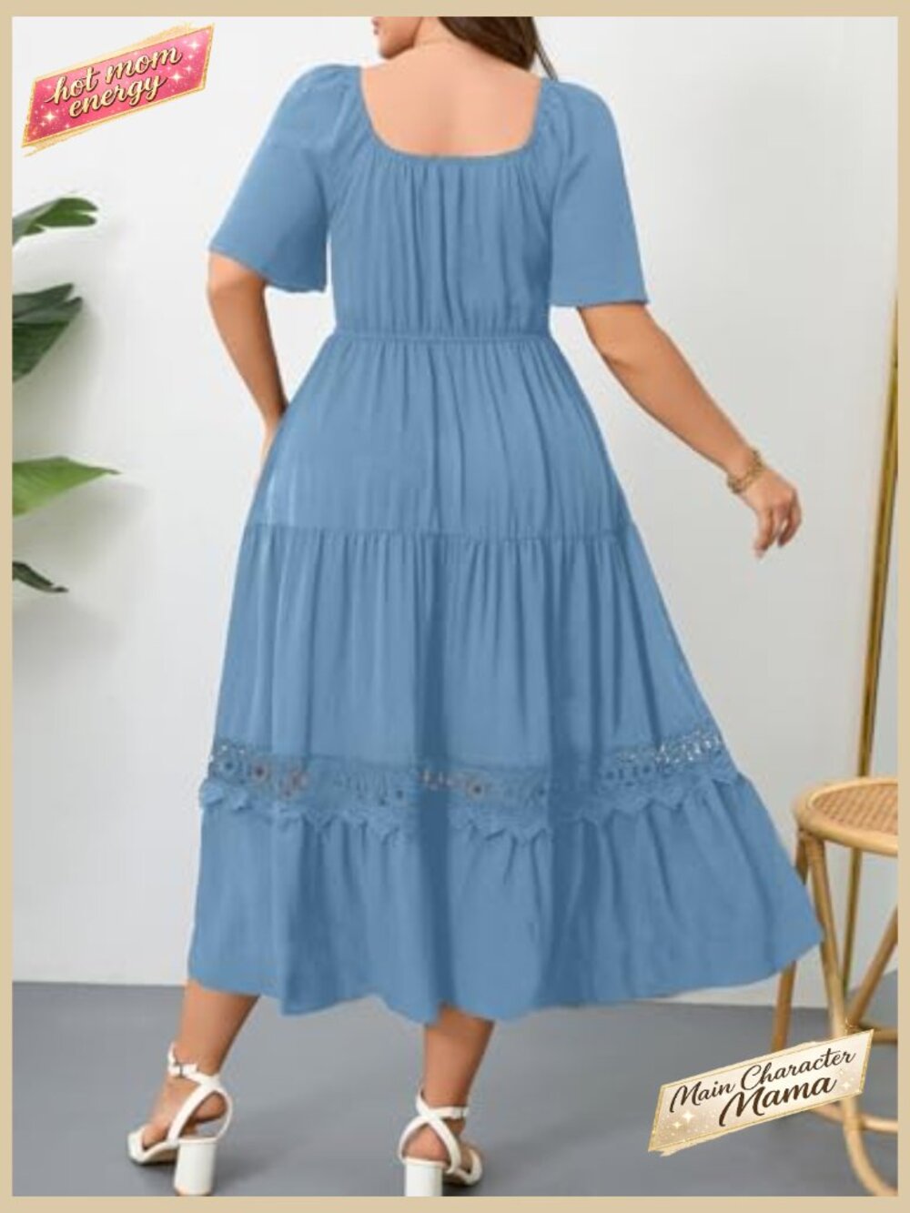 Plus Size Maxi Dress Short Sleeve Square Neck Flowy A-Line Lace Trim Flutter - Picture 2 of 7